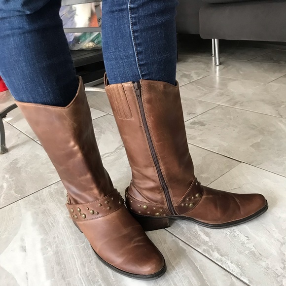 BROWN Leather Studded Strap Mid Calf Boots | Women |  7 - Picture 4 of 16
